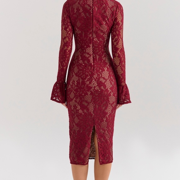 House of CB Burgundy Lace Midi Dress — Keyhole Cutout, Long Sleeve, Size Small - Picture 10 of 10